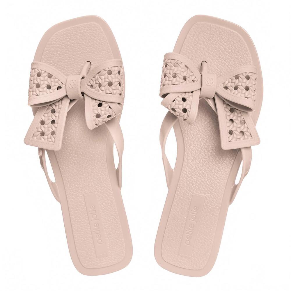 NEW PETITE JOLIE women's sunny rattan weaved large bow flip flops in nude